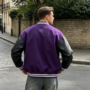 Men's Eco-Friendly <b>Purple</b> <b>Varsity</b> <b>Jacket</b> Black PU Leather Sleeves Stand Collar Button Front Casual Baseball Style Coat Winter - Product Image 6