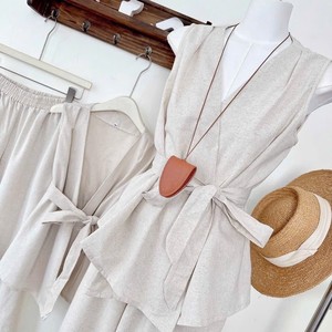 Custom Made Lightweight <b>Linen</b> Blend Solid Casual Eco-Friendly Breathable V Neck Women Two Piece Outfit <b>Set</b> - Product Image 3