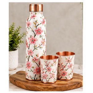 Pink Floral Bird Printed <b>Metal</b> <b>Water</b> <b>Bottle</b> with Copper Lid and Matching Cups Portable Drinkware Set - Product Image 3