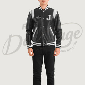 เสื้อแจ็คเก็ตหนังแท้สีดำสำหรับผู้ชาย แบบ Varsity พร้อมแผ่นปะไหล่สีขาวและปลายแขนเสื้อแบบริบแถบลายทาง สไตล์ Letterman Bomber - Product Image 4