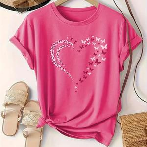 T-shirt en coton pur tricoté à manches courtes pour femme, motif papillon en forme de cœur, haut de gamme, ample et décontracté, idéal pour l'été - Product Image 2