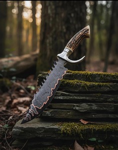 Cuchillo de caza hecho a mano con hoja de acero de Damasco con patrón de cobre y funda de cuerno de ciervo. - Product Image 4