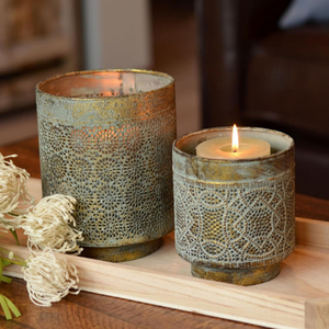 Moroccan Votive Holder <b>Set</b> of 2 Lattice Work Intricated Perforated Patterns <b>Grey</b> Patina Over Antique Gold Votive Holder - Product Image 3
