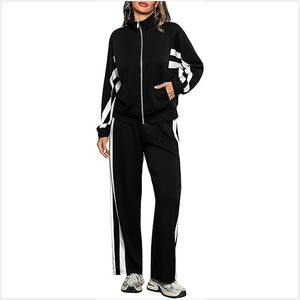 Ensemble de survêtement en molleton à fermeture éclair pour femme, 2 pièces, respirant, coupe-vent, grande taille, poches latérales avant, polyester/rayonne, hiver - Product Image 1