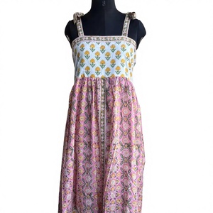 Indian 100% Cotton Floral Flock Print <b>Adjustable</b> Straps <b>Square</b> Collar Floor-Length Dress Pink Yellow - Product Image 1