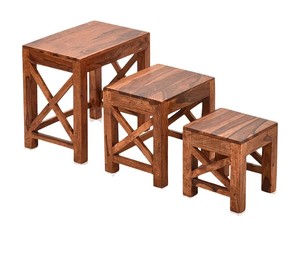 Solid Wood Nesting <b>Table</b> <b>Set</b> of 3 | Space Saving Nested <b>Stools</b> with X-Frame | Wholesale Living Room Furniture - Product Image 4