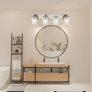 Lampada da Bagno Vintage Stile Fattoria a 4/5/6 Luci con Finitura Nichel Spazzolato e Paralume in Vetro Trasparente - Product Image 6