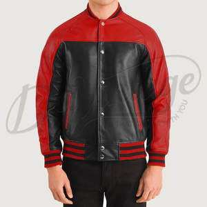 เสื้อแจ็คเก็ตหนังแท้สองสีแดงดำสำหรับผู้ชาย สไตล์เบสบอล พรีเมียม  แบบ Letterman - Product Image 1