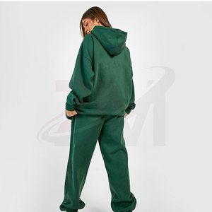 Ensemble de survêtement à capuche pour femme, vert uni, décontracté, deux pièces, sweat-shirt et pantalon de jogging, coupe ample, longueur intégrale, poches latérales, 100 % coton - Product Image 2