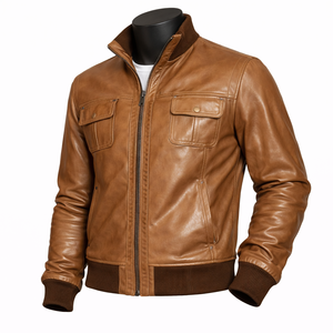 Chaqueta Bomber de Cuero Genuino para Hombre, Cuello Alto, Cierre de Cremallera, Color Sólido, Corte Regular, Estilo Motero, para Otoño - Product Image 4