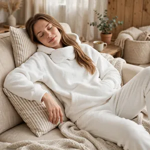 White Womens Oversized Sleep Mask Hoodie Soft Fleece Pullover Kangaroo Pocket Drawstring Hood Cozy Lounge Wear Casual Streetwear - Product Image 5