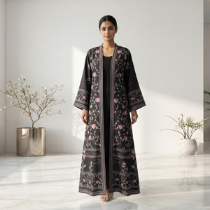 Polyester Modest <b>Eid</b> Nightclub Flower Embroidery Abaya Modern Open Front Muslim Cardigan Kimono Kaftan Islamic Robe Wholesale - Product Image 4