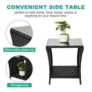 Outdoor Patio Square End Table with Wicker Base Glass Top Bistro Coffee Table with Storage Shelf for Porch Garden Backyard Use - Product Image 2