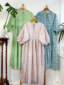 Vestido largo de algodón puro Estampado de bloque indio Boho Colorido Verano Terroso Elegante Ropa de día cómoda - Product Image 5