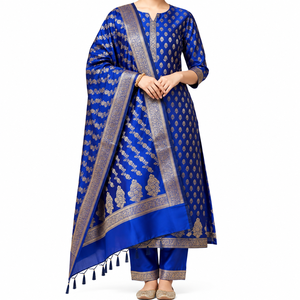Tissu en soie brodée avec tissage Zari, motifs traditionnels et dupatta assorti pour Salwar Kameez, ensembles Kurta et vêtements ethniques - Product Image 1