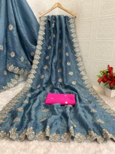 Indian Stunning Gold Crush with Embroidery and Multi Thread Work Fancy Saree for Wedding Occasion and Party for Women Wear - Product Image 4