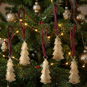 Set Of Five Golden Metal Christmas <b>Tree</b> <b>Ornaments</b> With Red Ribbon Hangers For Festive Holiday Decorating And <b>Tree</b> Display - Product Image 5