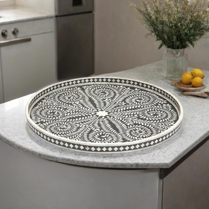 Bone Inlay Floral Tray – Handmade Decorative Serving Tray for Coffee <b>Table</b>, <b>Vanity</b> & Home Décor - Product Image 3