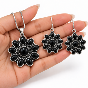 ARTS JEWELS Oxidiertes Silber Onyx Böhmisches Blumen-Schmuckset für Frauen |   Großhandel Mengenrabatt |   Direktvertrieb ab Werk OEM ODM Maßanfertigung - Product Image 3