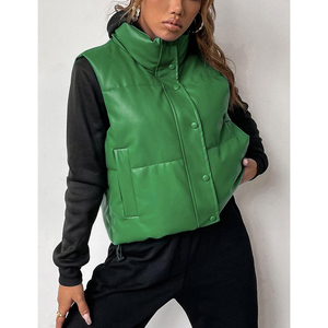 High Quality Women's Stand Collar Puffer Vest Solid Green Zipper Closure Casual Outerwear <b>Short</b> Length Polyester Filling - Product Image 4