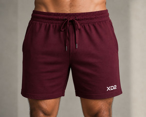 Shorts de sport décontractés pour hommes XD2, couleur bordeaux, taille mi-haute, tricotés, avec logo frontal, respirants, avec cordon de serrage et poches - Product Image 3