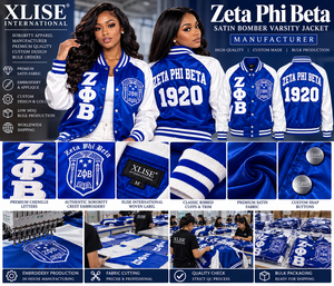 เสื้อแจ็คเก็ตบอมเบอร์ผ้าซาตินฤดูหนาว Zeta Phi Beta สำหรับผู้ชาย สีขาว-น้ำเงิน ปักอักษรสมาคมพี่น้องกรีก แบบสั่งทำพิเศษจากผู้ผลิต OEM - Product Image 5