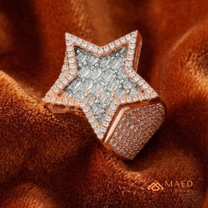 Bague étoile Iced Out pour homme, plaqué or rose 18 carats, avec diamant Moissanite VVS, style Hip Hop, coupe baguette, étoile à cinq branches, bague statement - Product Image 2
