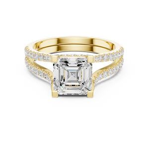 Prong Set Asscher Cut Diamond <b>Ring</b> With Double Paved Band Elegant Bridal Jewelry In 14k Solid Yellow Gold <b>Split</b> Shank <b>Ring</b> - Product Image 3