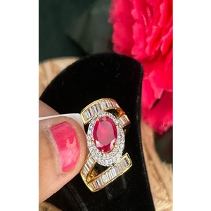 Women's Oval Ruby <b>Cocktail</b> <b>Ring</b> 18K <b>Gold</b> Plated Pave Setting Glam Engagement Jewelry July Birthstone - Product Image 2