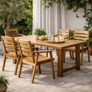 Silla de Comedor de Madera de Teca Indonesia Directo de Fábrica, con Reposabrazos, Tapicería de Lino, Diseño Minimalista Ecológico para Uso en Hoteles y Exteriores - Product Image 1