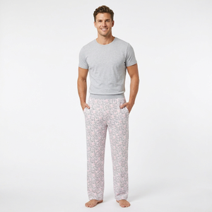 Pantalon de pyjama pour homme en coton imprimé, taille élastique, léger, style décontracté d'été, motif lettres, respirant, tricoté, collection ajustée - Product Image 4