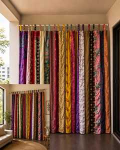 Cortinas de Seda Estampadas Coloridas con Paneles de Sari y Formato de Cuerda para Cafetería, Hotel y Oficina, Juego de 2 - Product Image 4