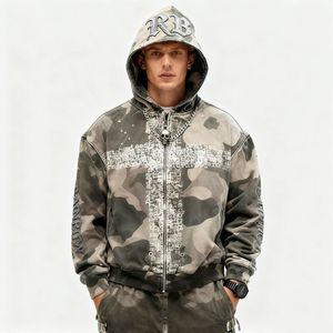 Sudadera con capucha OEM para hombre, estilo urbano, de invierno, gruesa, con cremallera, efecto desgastado, vintage, con bordado personalizado, 100% algodón, color liso. - Product Image 3