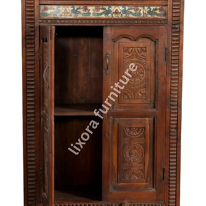 Luxury Handcrafted Solid Wood 2 Door <b>Wardrobe</b> Ornate Floral Carving Antique Finish <b>Storage</b> Armoire - Product Image 3