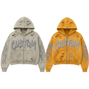 Custom Graphic Zip Hoodie Vintage Acid Wash Heavyweight Cotton Streetwear Apparel for Men Women - Product Image 4