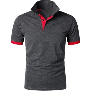 Camisa Casual para Hombre, Color Gris Oscuro Jaspeado, Manga Corta, Ribete Rojo, Cuello Alto, 100% Algodón, Tejido de Punto, Diseño Personalizado - Product Image 6