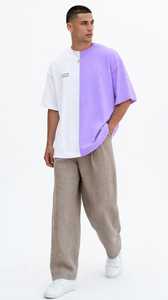 Camiseta de Hombre Oversize de Color Liso con Bloques de Color, de Punto Grueso, Blanca, de Manga Corta, Cuello Redondo, Estilo Urbano - Product Image 1