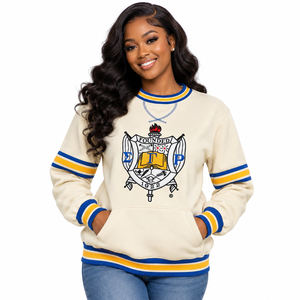 Sudadera con cuello redondo Sigma Gamma Rho Neutral Chenille Crest con bolsillo canguro, azul real, ribete acanalado con rayas doradas, estilo griego - Product Image 1