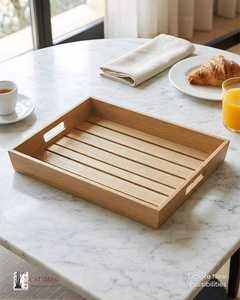 Plateau de service rectangulaire de luxe en bois d'acacia fait main avec incrustation dorée, motif décoratif, pour plats, assiettes, fêtes, décoration intérieure, écologique - Product Image 6