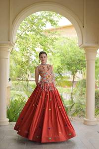 Women's <b>Red</b> Ethnic Wear Cotton Floor-Length Lehenga Embroidered <b>Blouse</b> Heart Motifs Traditional Indian Pakistani Dress - Product Image 1
