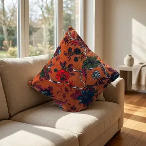 <b>Orange</b> Velvet Cushion Cover with Multicolor Floral Vine Print Decorative <b>Throw</b> Pillow for Sofa Bedroom and Home Decor - Product Image 5