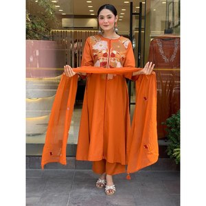 Ensemble haut-bas et dupatta JC Orange pour soirée, broderie, taille XL - Product Image 3