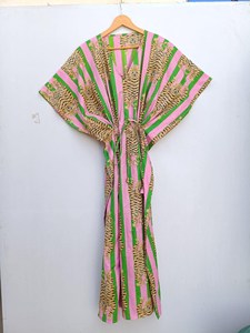 Premium Women Pink Green Tiger Print Cotton Kaftan <b>Dress</b> <b>Boho</b> Safari Resort Wear Maxi <b>Dress</b> - Product Image 4