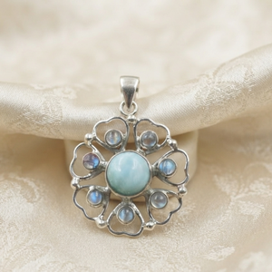 Wholesale 925 Sterling Silver Larimar Blue <b>Fire</b> Rainbow Moonstone Floral Mandala Pendant Handmade Women Bohemian Gold Plated - Product Image 1