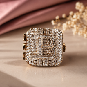 18ct Rose Gold Diamond <b>Initial</b> B Statement <b>Ring</b> for Men Luxury High Polish Baguette Design Wedding Party Gift Jewellery - Product Image 1