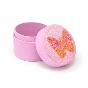 Round Beaded Jewelry Box with Embroidered Lid Design in Blue Pink Navy Colors Elegant Storage for Accessories - Product Image 2