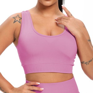 Nouveau soutien-gorge de sport sans coutures pour femme 2026, col rond, gris clair uni, maille respirante côtelée, maintien moyen, vêtement de fitness - Product Image 2