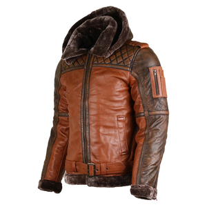 <b>Men's</b> Winter Genuine Leather Jacket With Faux Fur Lining Hooded Moto Biker Style Windproof Thick Regular Length - Product Image 1