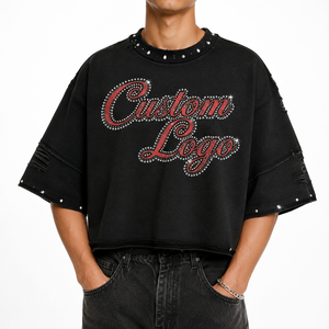 Camiseta Corta Unisex de Algodón 100% al por Mayor, Estampada con Serigrafía, Pedrería y Efecto Desgastado, Cuello Redondo, Estilo Urbano de Verano - Product Image 2