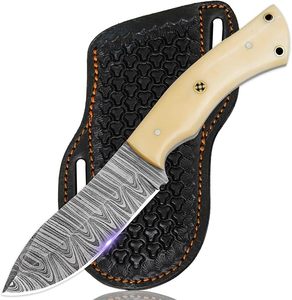 Couteau de chasse artisanal en acier Damas de qualité industrielle OEM à prix abordable avec manche en os crème – Couteau utilitaire à lame fixe pour le camping en extérieur - Product Image 1